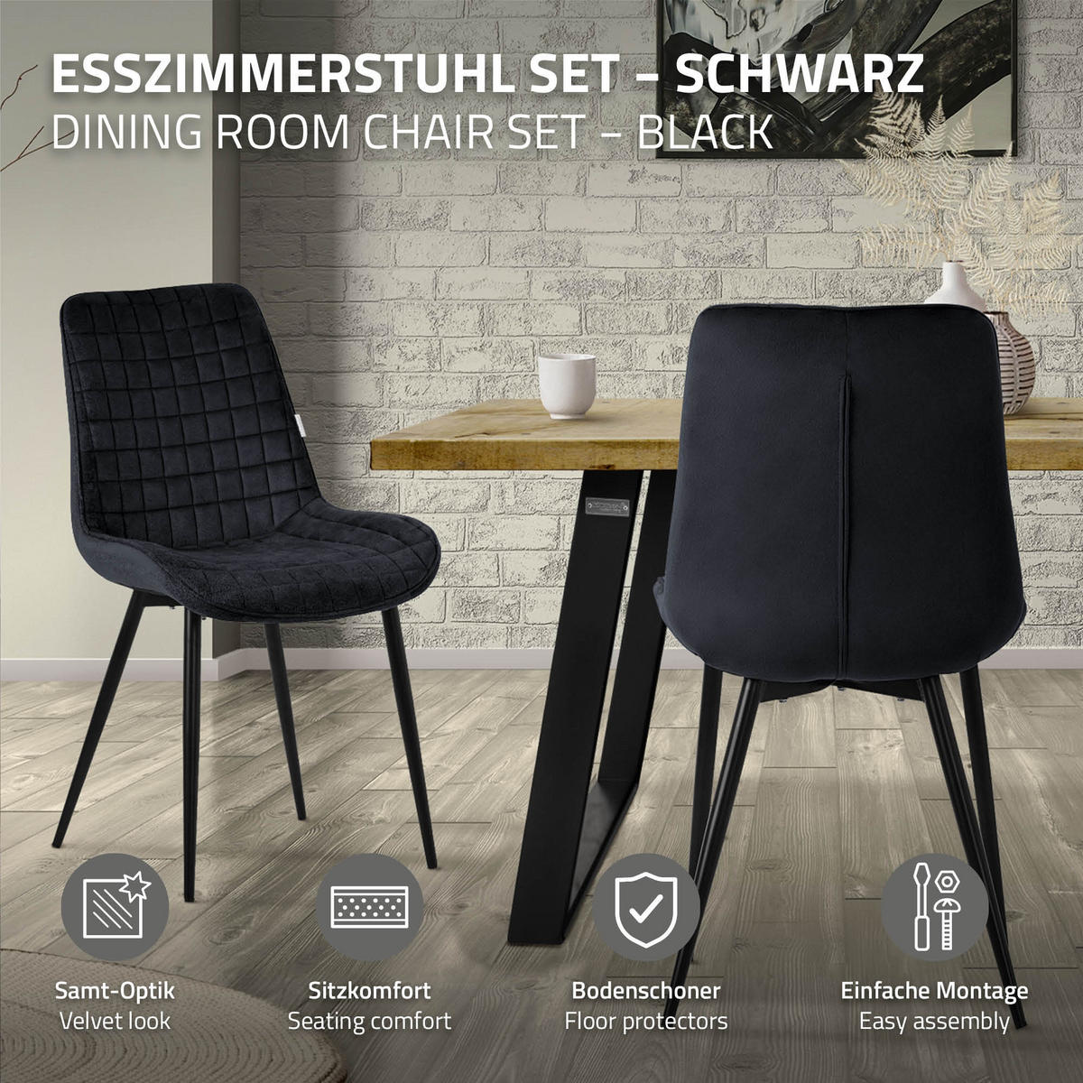 ESSZIMMERSTÜHLE 4ER-SET Schwarz Samt - Schwarz, Textil/Metall (52/89/60cm) - ML-DESIGN