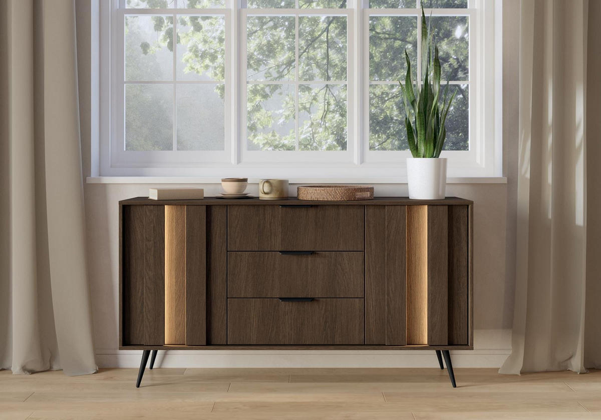SIDEBOARD FARO, mit LED, Kommode mit 3 Schubladen - Eichefarben, Holzwerkstoff (154/83/40cm) - Bettso