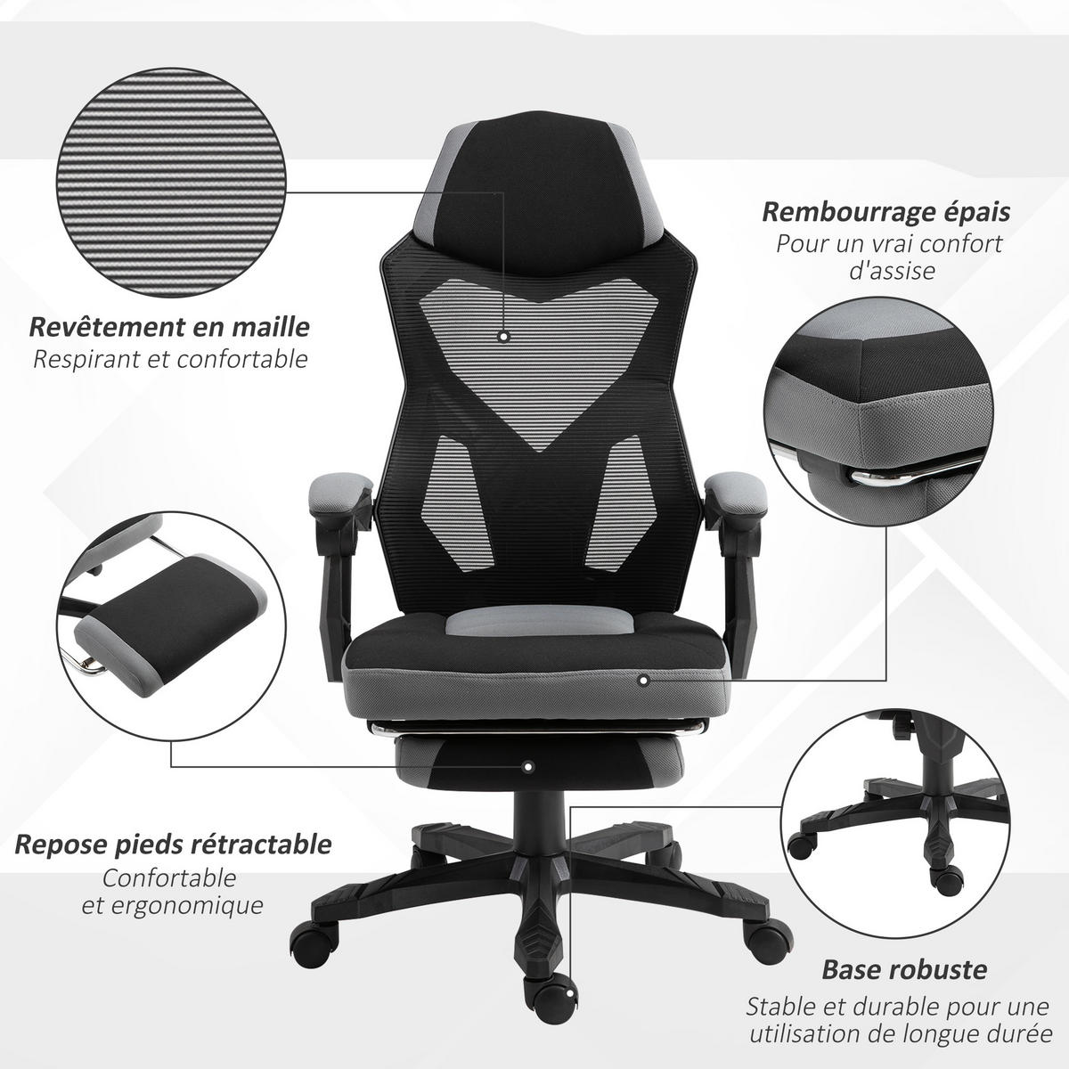 GAMINGSTUHL DE-11667 mit Fußstütze & Mesh Grau/Schwarz - Grau, Metall (160.02/309.88/147.32cm) - ComfortXL
