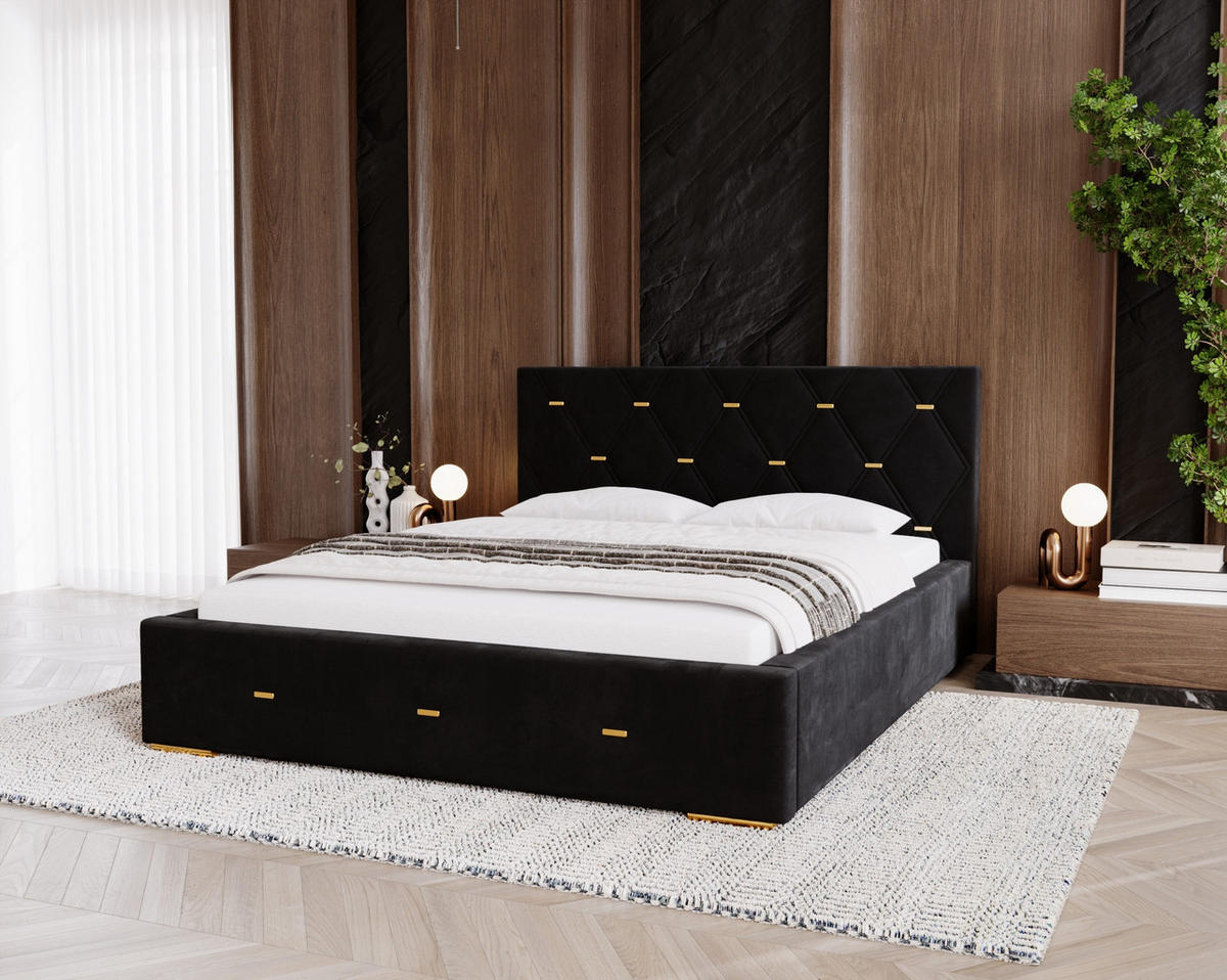 POLSTERBETT Golden Premium 200x200 cm, Doppelbett mit Bettkasten und Lattenrost aus Holz, Velourstoff: Schwarz - Schwarz, Holz/Textil (200/200cm) - Marpur