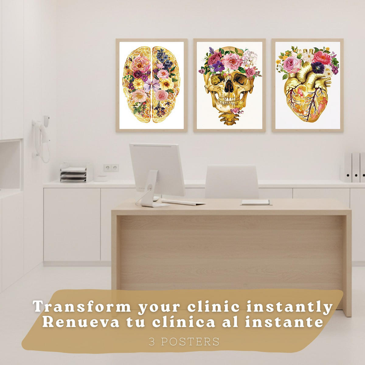 POSTER Set aus 3 Anatomie Mensch Drucke und Wandbilder mit Schädel Gehirn und Herz Goldene Florale Künstlerische Illustration Größe Rahmenlos A3 - Klar, Papier (29.7/42/3cm) - Nacnic