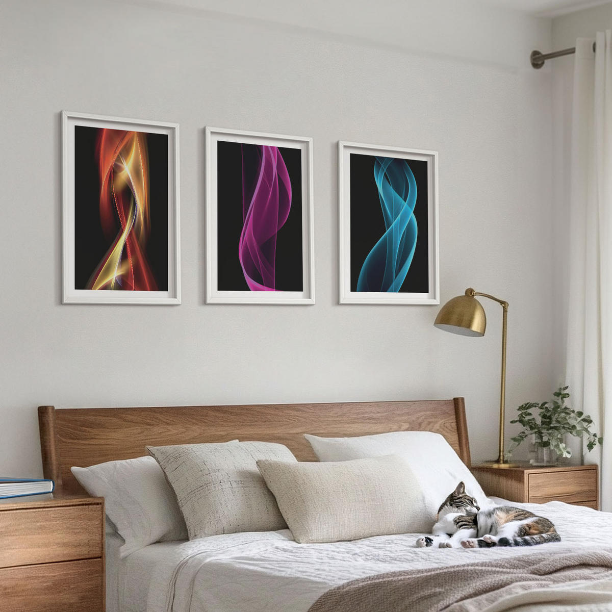 BILDER SET 3er Set - 40x60 cm Weißer Rahmen - Neonwellenlinien auf dunklem Hintergrund - Weiß, Kunststoff (40/60cm) - TULUP