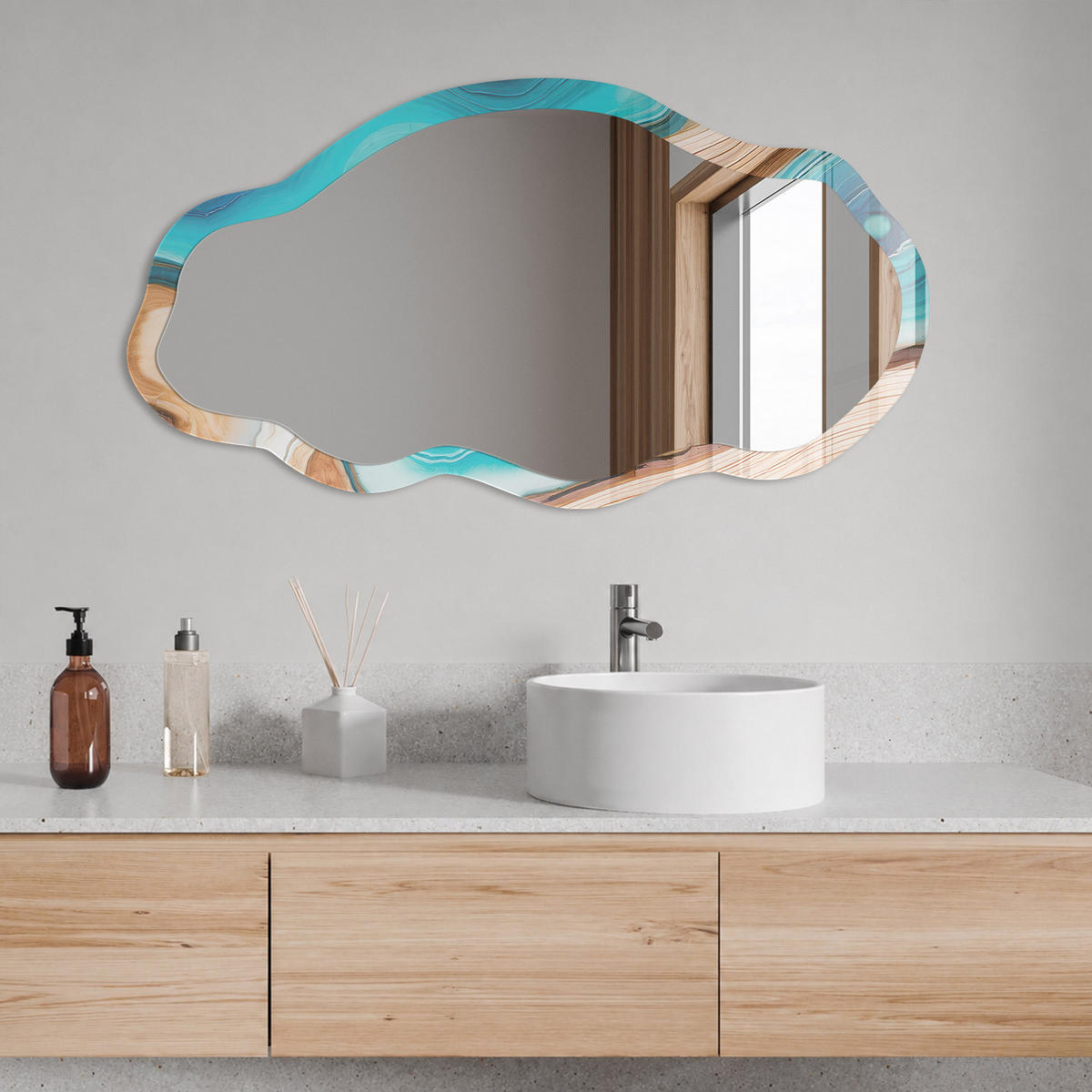 SPIEGEL 90x45 cm asymmetrisch mit Druck - Blaue Strömungen - Transparent, Glas (45/90/0.4cm) - TULUP