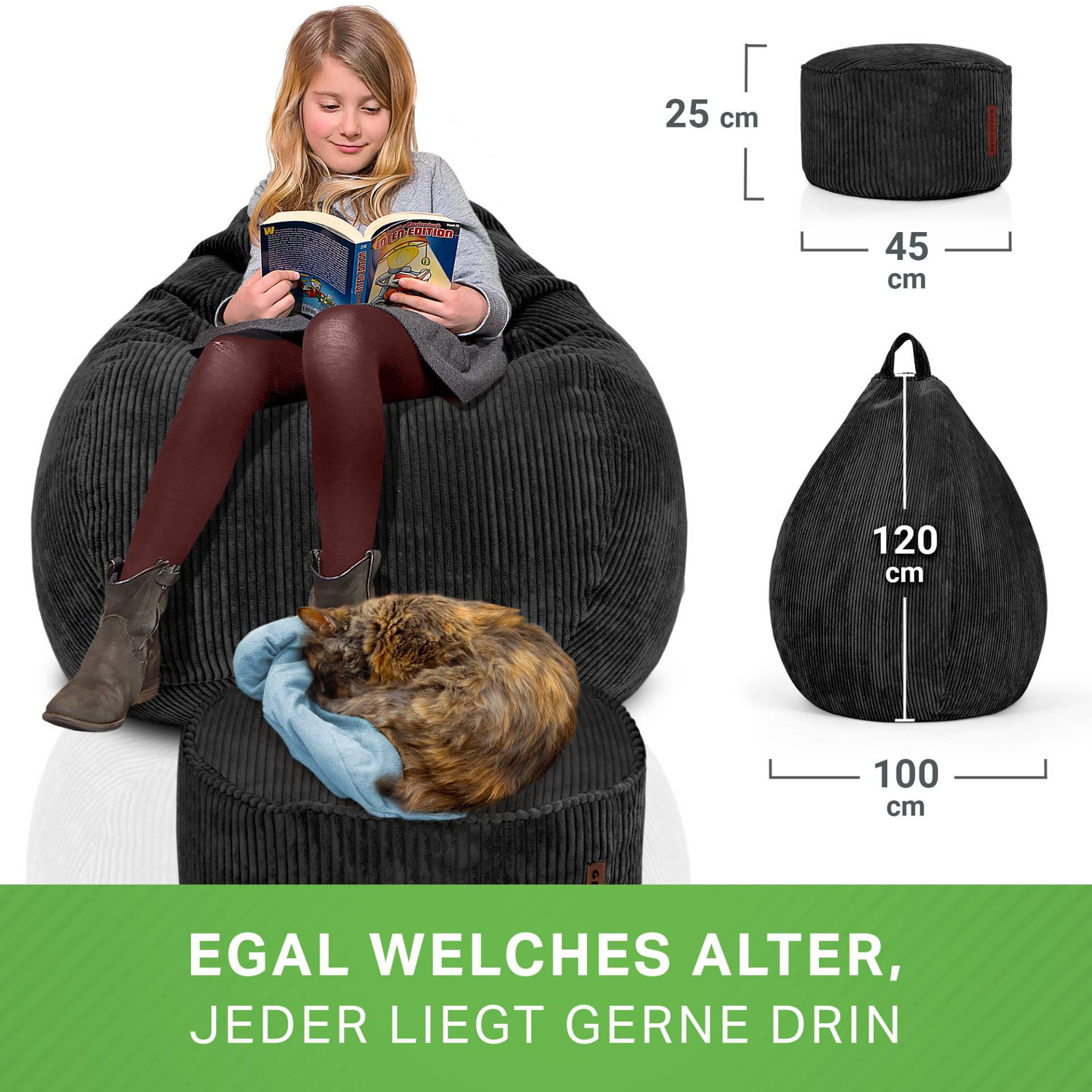 XXL-SITZSACK 2er Set + Pouf - Cordstoff - Schwarz, Textil (90/110/90cm) - Green Bean