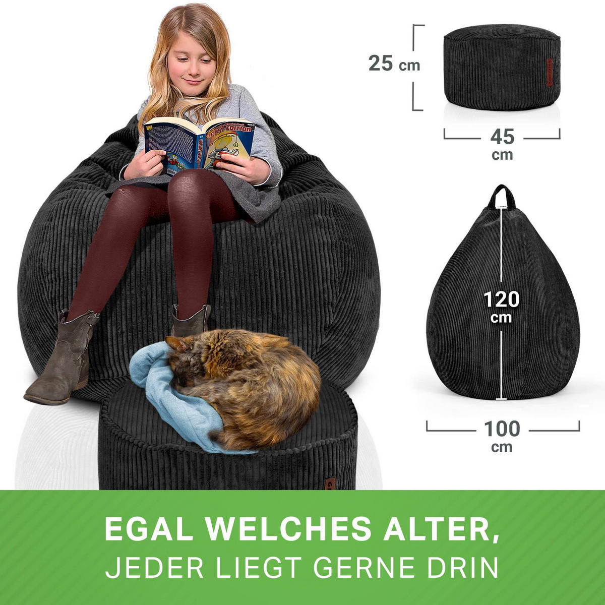 XXL-SITZSACK 2er Set + Pouf - Cordstoff - Schwarz, Textil (90/110/90cm) - Green Bean