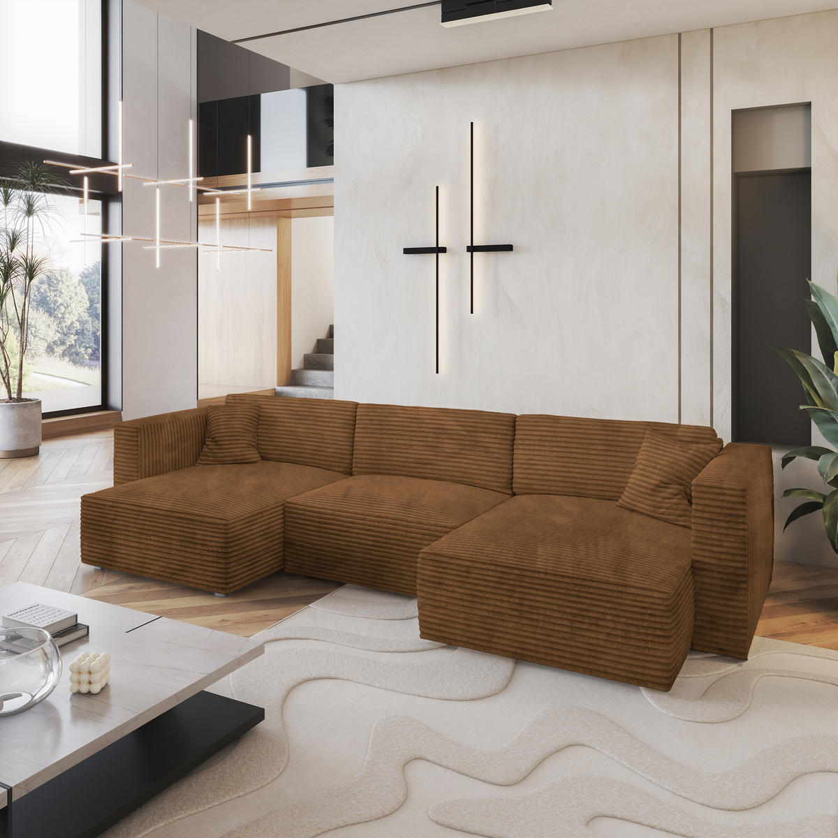 WOHNLANDSCHAFT SARMO Kupferfarben Kordstoff mit Schlaffunktion - Kupferfarben, Holz (347/90/148cm) - MASSENO