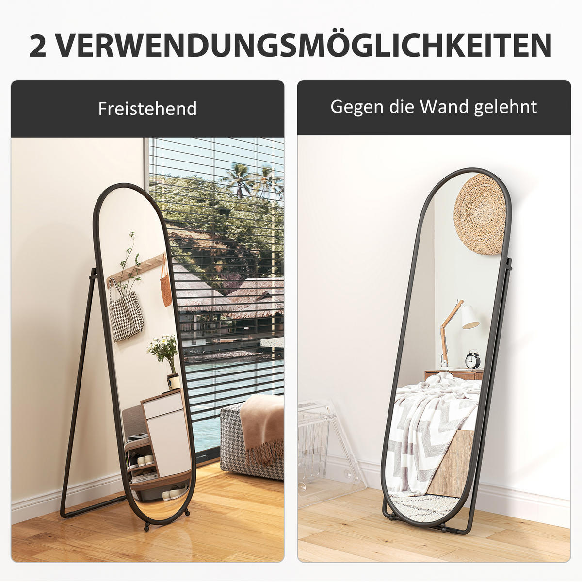 GANZKÖRPERSPIEGEL, 160 x 40 cm Wandspiegel mit Ständer, Schwarz - Schwarz, Metall (40/160/4cm) - HOMCOM