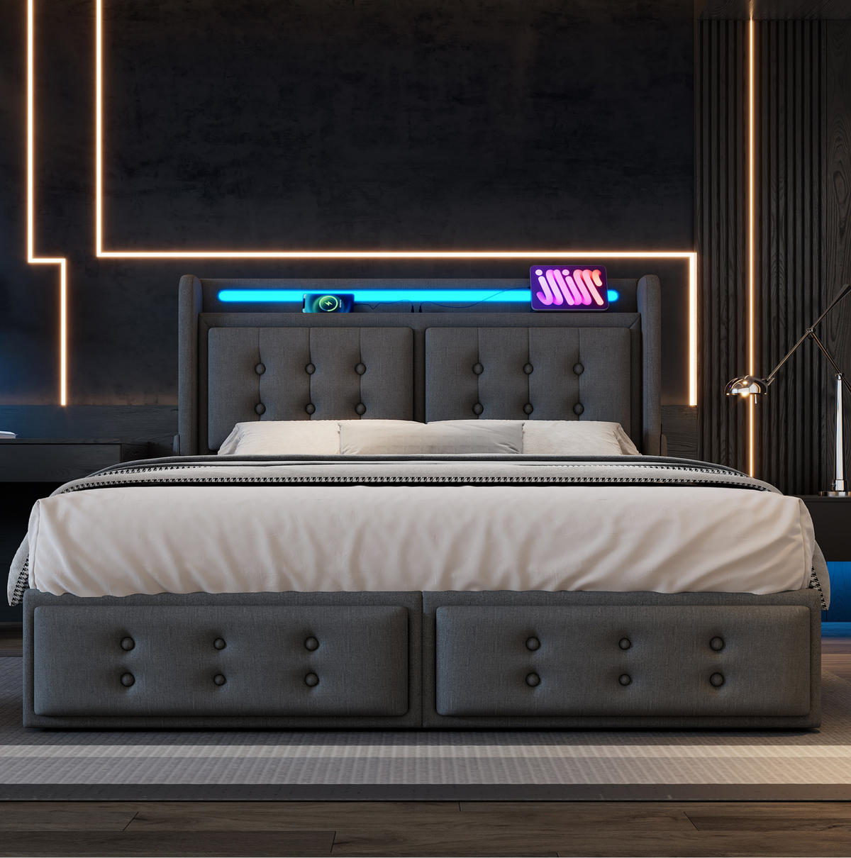 POLSTERBETT mit LED und 4 Schubladen 140x200 cm Baumwoll-Leinen Grau - Grau, Metall (140/200cm) - Meubliv
