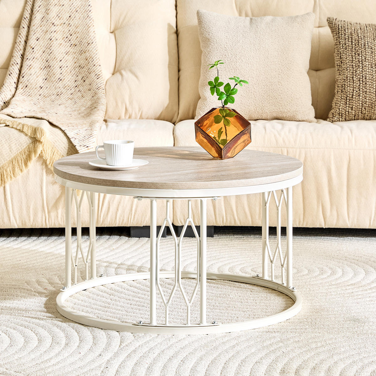 COUCHTISCH rund Weiß Holzoptik Metallgestell 70/70/40,5 cm - Weiß, Holzwerkstoff/Metall (70/70/40.5cm)