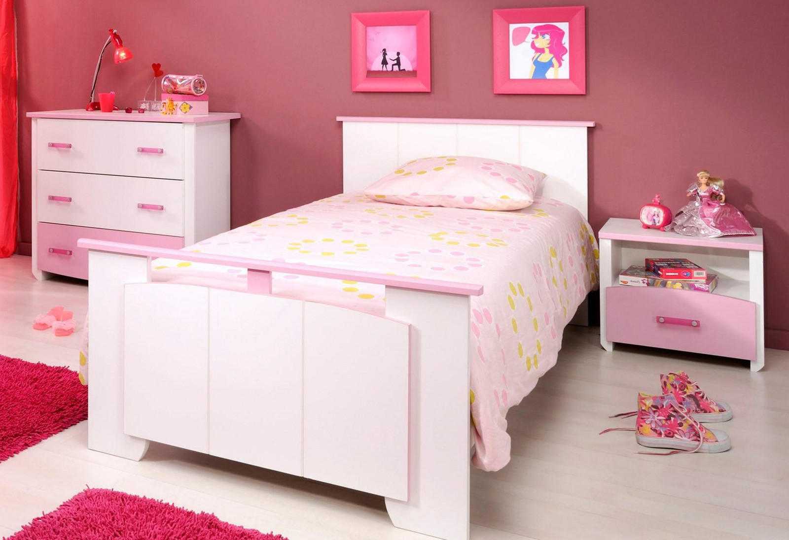 KINDERZIMMER Set 3-tlg Kommode Nachttisch und Bett 90 x 200 cm - Rosa/Weiß, Holz/Holzwerkstoff (90/79/200cm) - Parisot Meuble