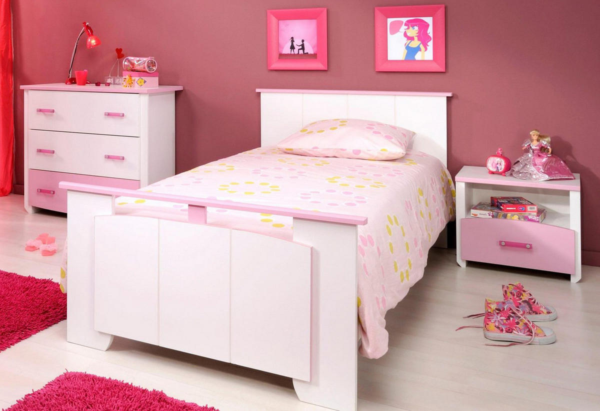 KINDERZIMMER Set 4-tlg Kommode Schreibtisch Bett 90 x 200 cm - Weiß/Rosa, Holz/Holzwerkstoff (90/79/200cm) - Parisot Meuble