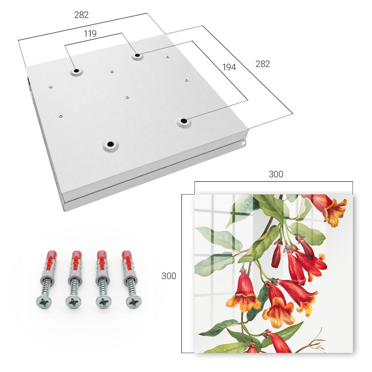 SCHLÜSSELBOX Weiß 30x30 cm – Türöffnung nach rechts - Rote Blüten - Rot, Metall (30/30/5cm) - TULUP