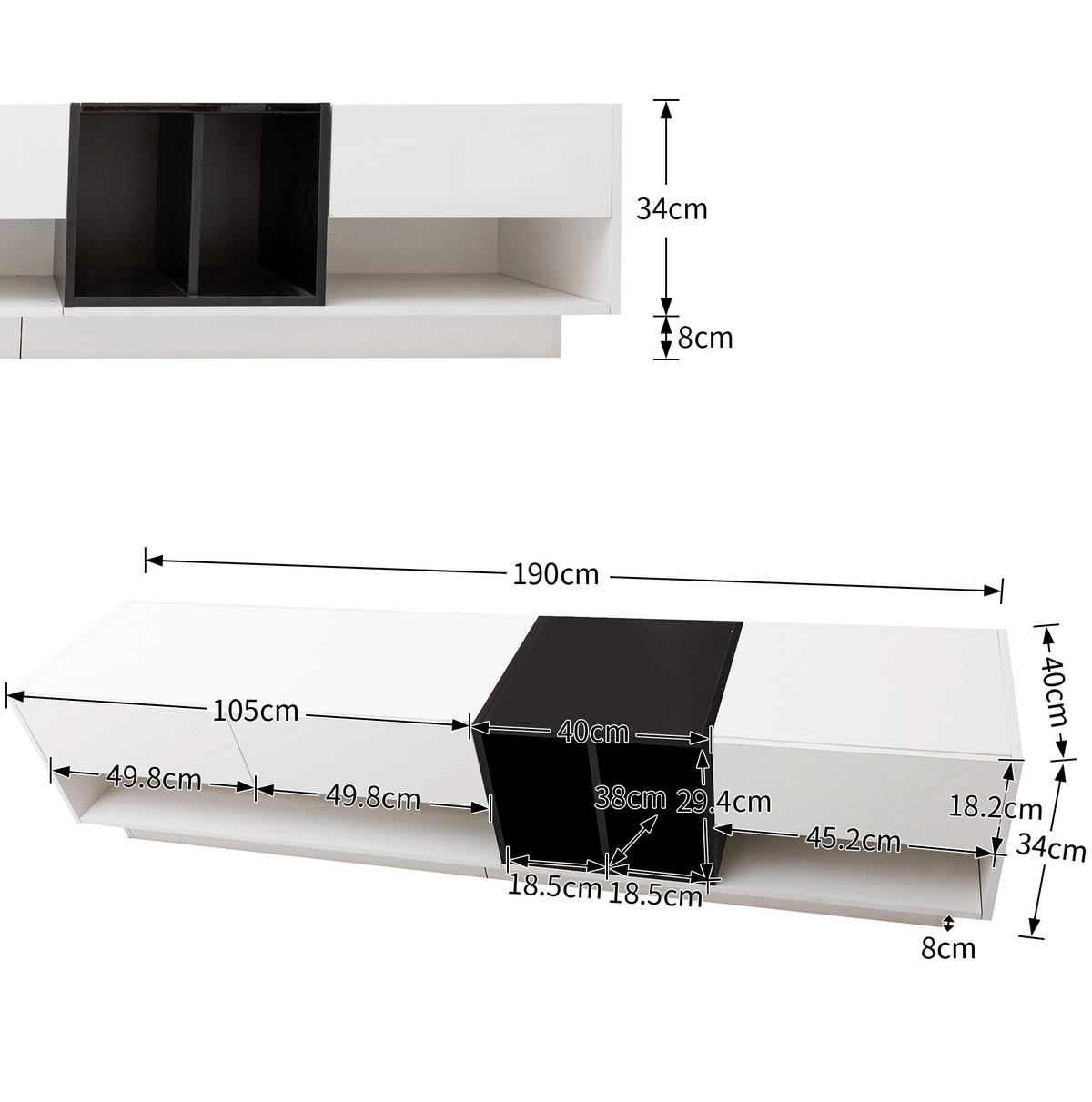 TV-ELEMENT mit 3 Schubladen 190 x 40 x 42 cm Hochglanz Weiß/Schwarz - Weiß, Holzwerkstoff (40/34/190cm) - Beauniv