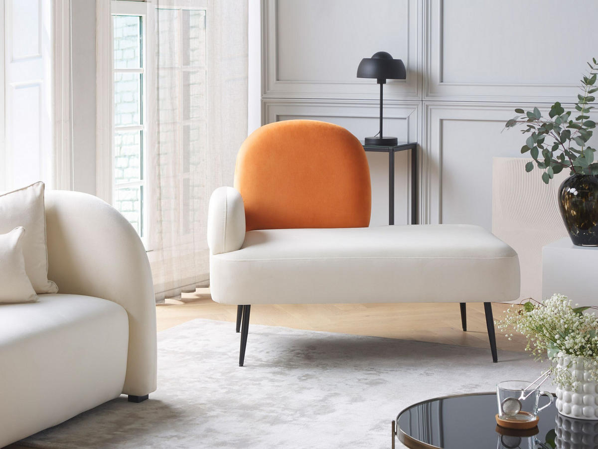 CHAISELONGUE Samtstoff weiß/orange linksseitig Arcey - Orange/Weiß, Textil (122/100/74cm) - Beliani