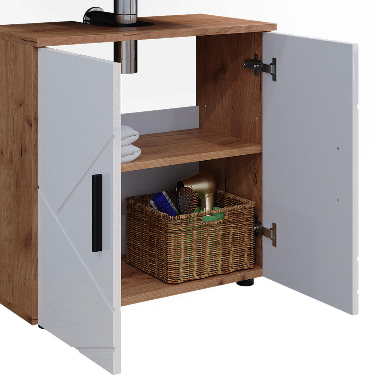 BADMÖBEL-SET Irma Weiß Hochglanz/Goldkraft Eiche 3 Teile mit Unterschrank 60 cm - Weiß Hochglanz/Eiche Wotan, Holzwerkstoff (80/58.6/41cm) - Vicco