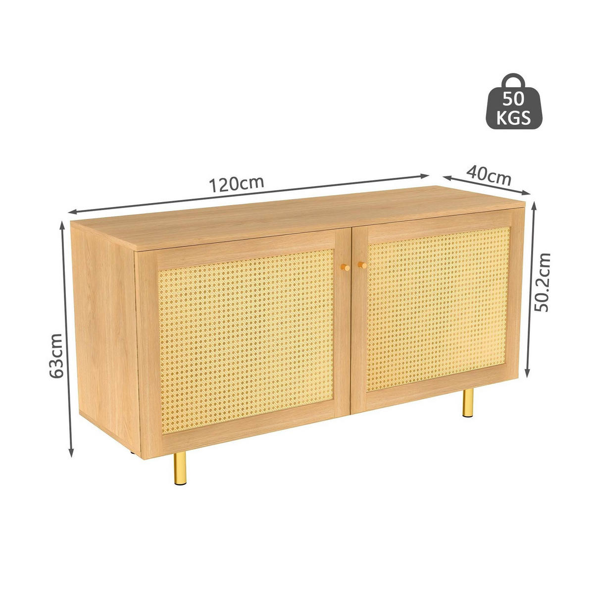 SIDEBOARD 120/40/63 cm mit Rattantüren in Naturholzoptik - Naturfarben, Holzwerkstoff (120/63/40cm) - BEAOK