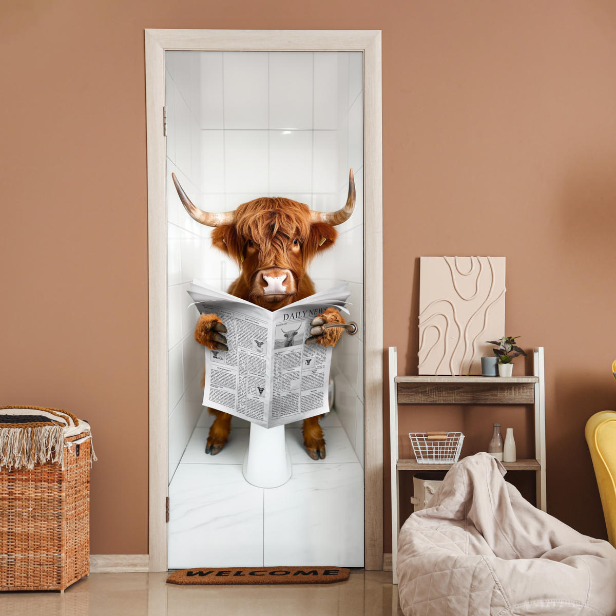 TÜRAUFKLEBER Scottish Highlander - Zeitung - WC - Tier 90x235 cm - Türtapete - Weiß, Kunststoff (90/0.1cm) - MuchoWow