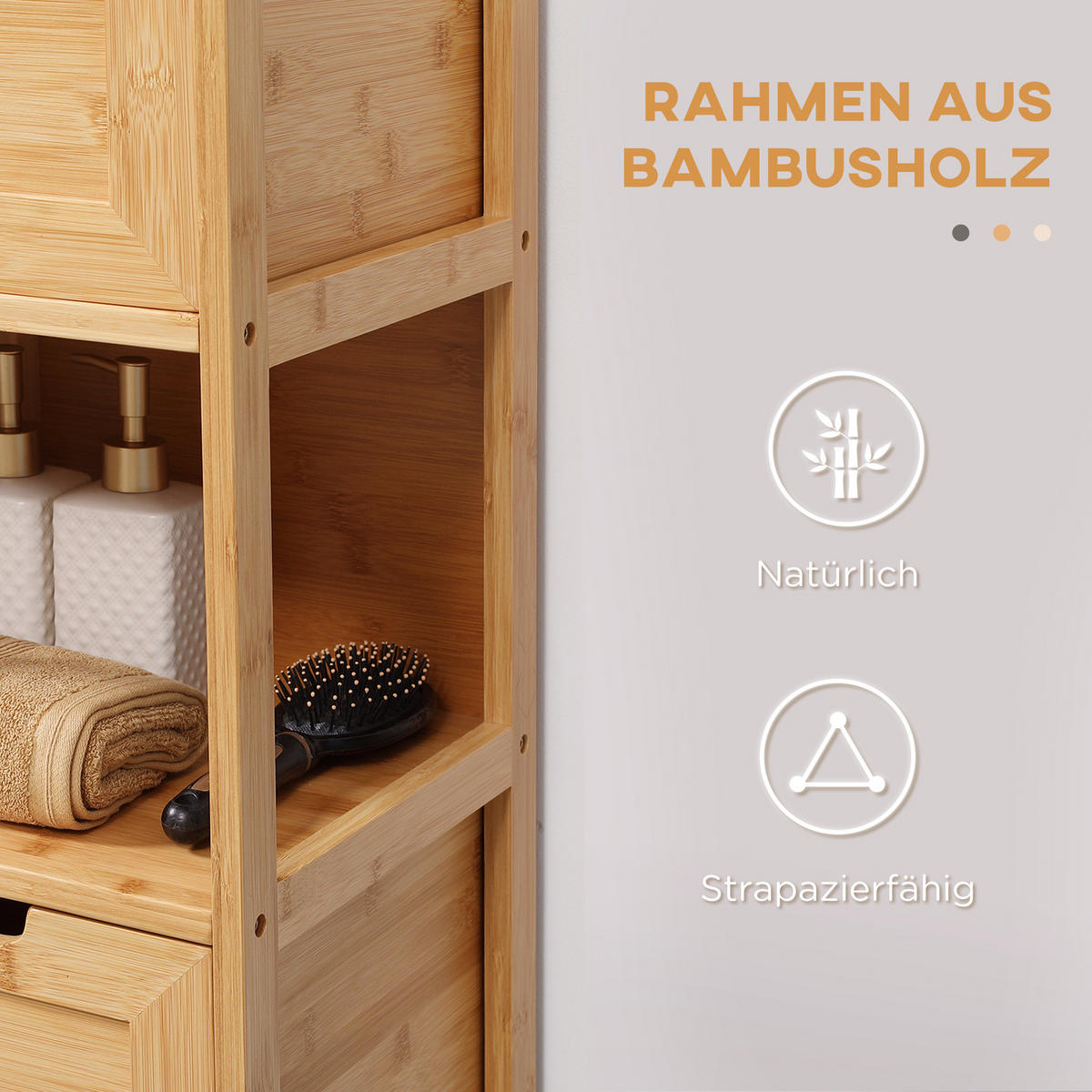 BADSCHRANK mit Kippschutz aus Bambus, 3 Schubladen, Lanfhausstil, Naturholz - Naturfarben, Holz (30/90/30cm) - Kleankin