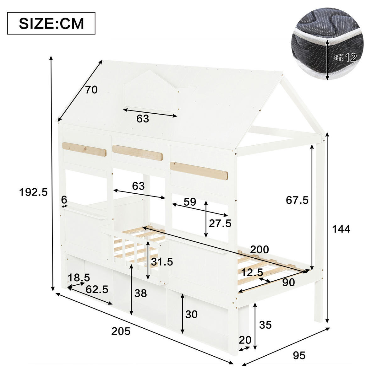 HOCHBETT Hausdesign, Weiß, 90/200 cm mit Bücherregal und Lattenrost ohne Matratze - Weiß, Holz (90/200cm) - MIVRAY