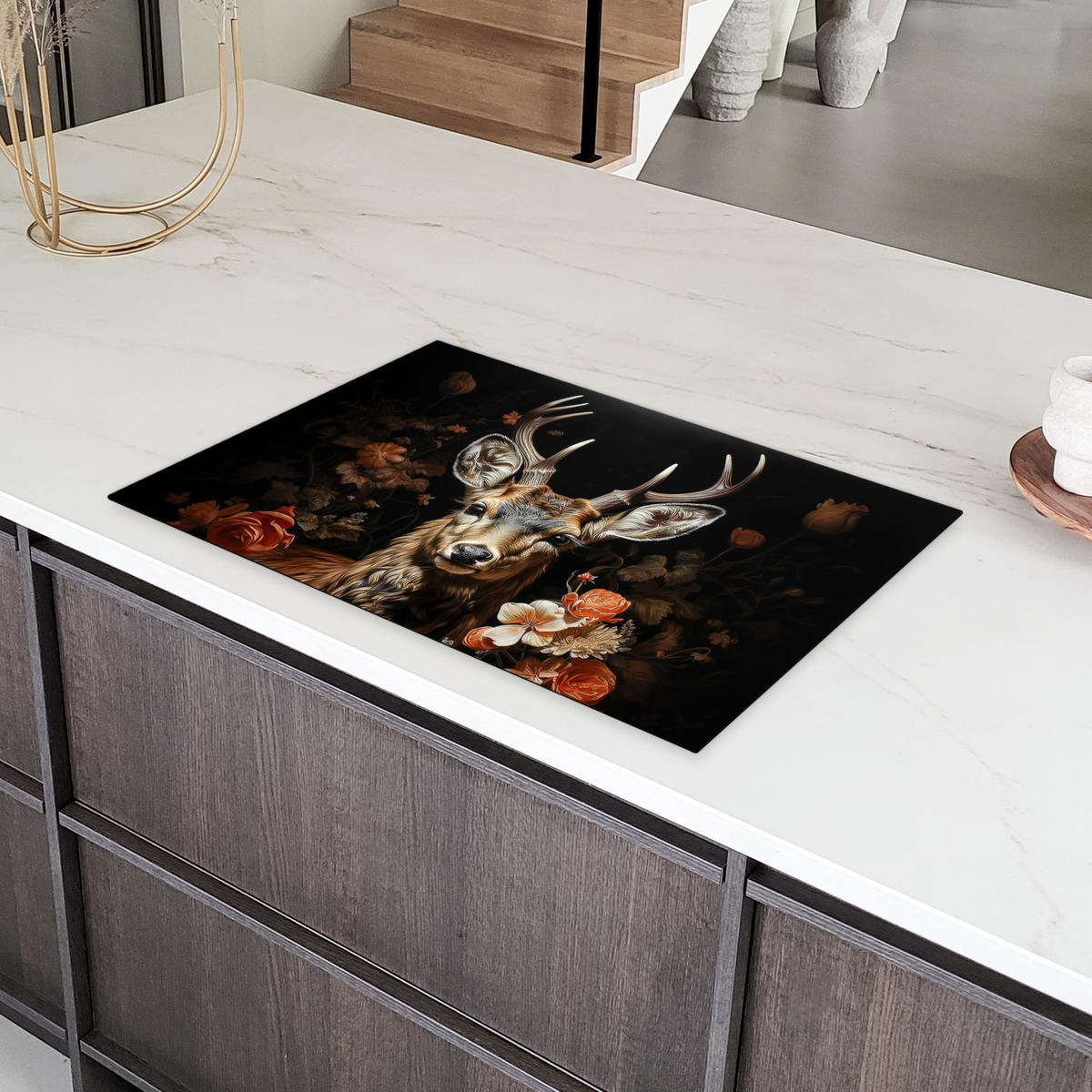 HERDABDECKPLATTE Hirsch - Tier - Blumen - Natur - Botanisch 81x52 cm - Kupferfarben, Kunststoff (81.2/52/0.2cm) - MuchoWow