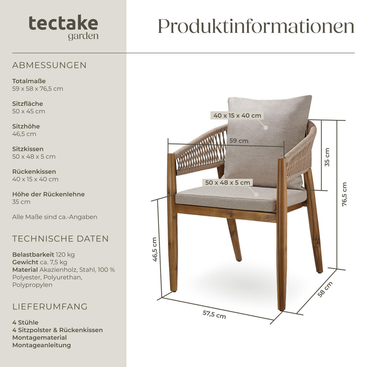 GARTENSTUHL Manacor,höhenverstellbare Kunststofffüße,Sand - Sandfarben/Braun, Holz (59/76.5/58cm) - tectake