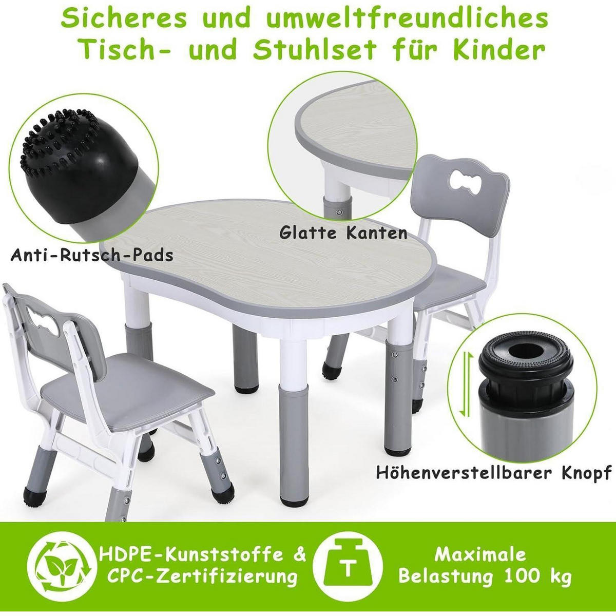 KINDERTISCH- und Stuhlset 3-teilig höhenverstellbar Grau - Multicolor, Kunststoff (60/60/80cm)