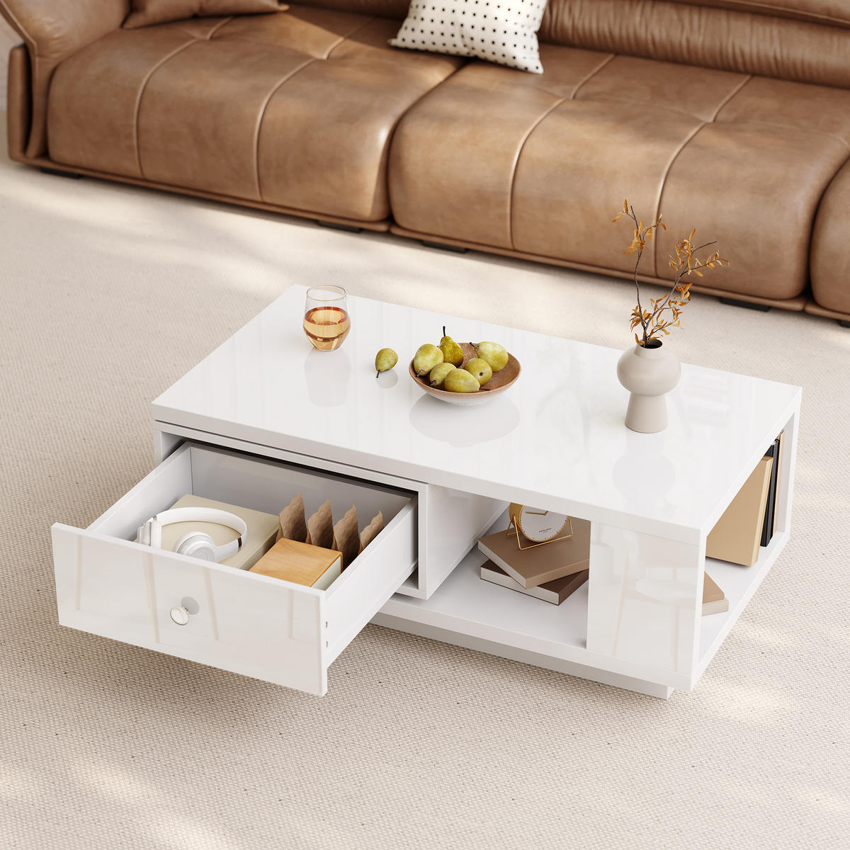 COUCHTISCH mit drehbarer Schublade und offenem Fach - Weiß, Holzwerkstoff (48/90/35cm) - FLIEKS