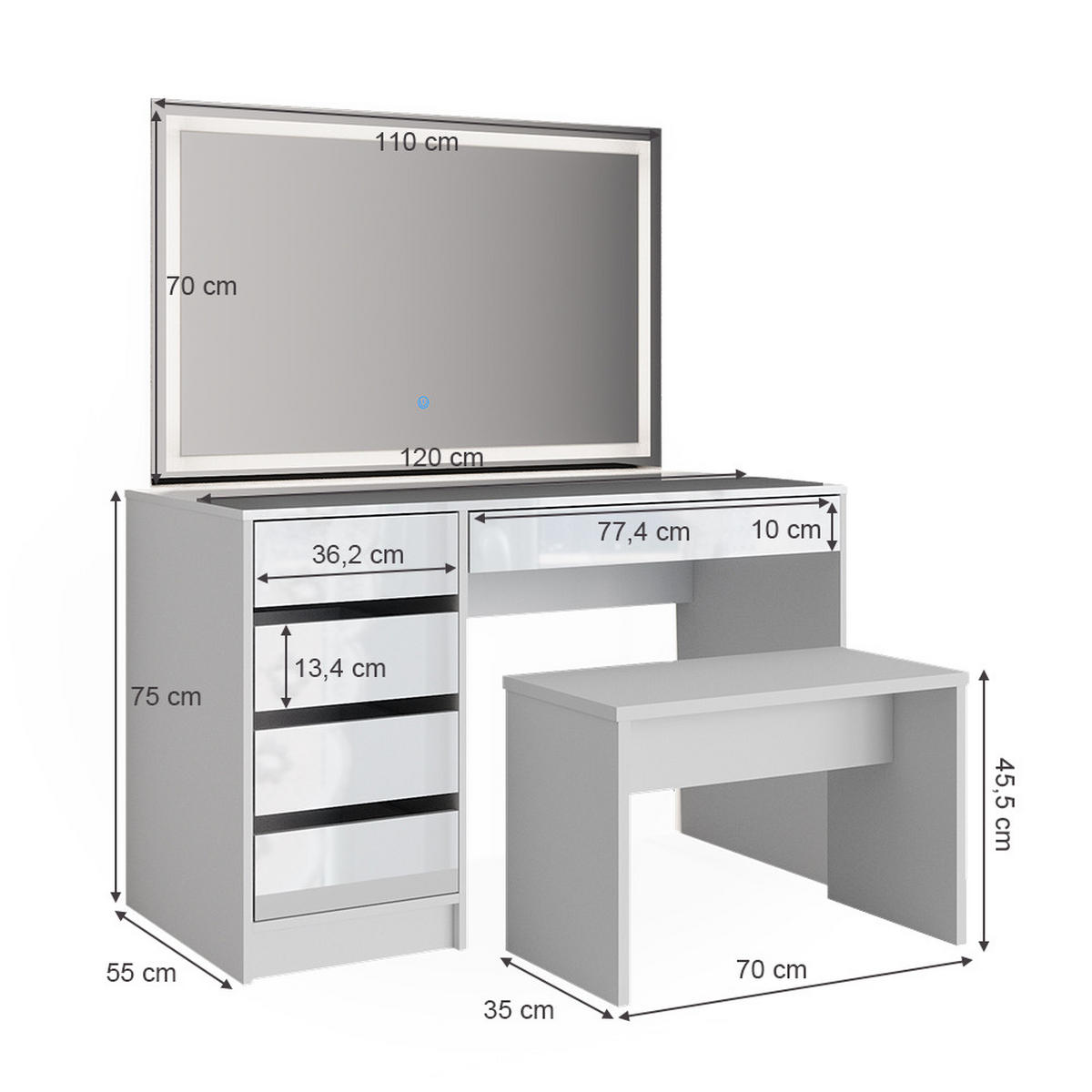 SCHMINKTISCH Sherry Weiß 120 cm mit LED-Spiegel und Bank - Weiß Hochglanz, Holzwerkstoff (55/75/120cm) - Vicco