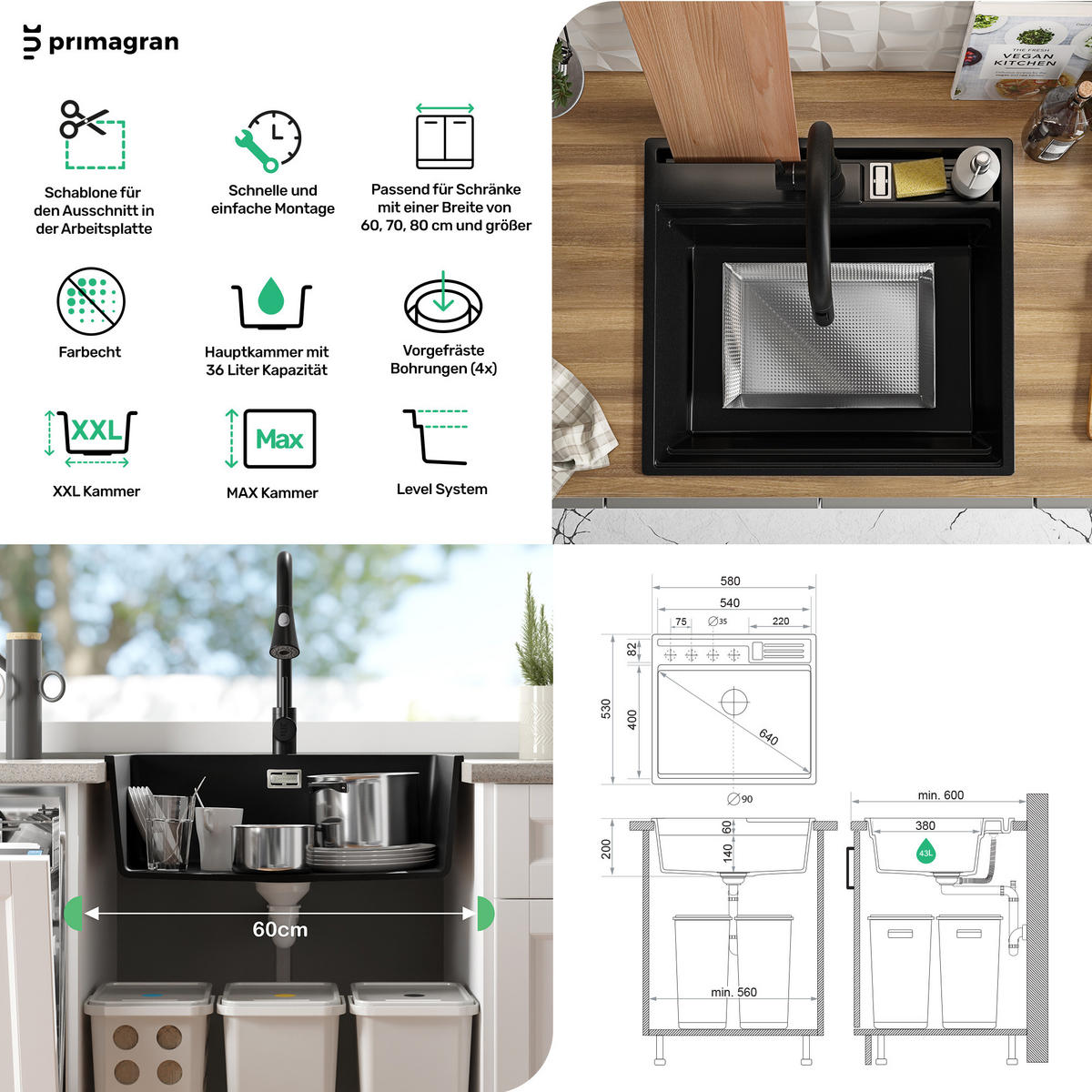 SPÜLBECKEN Oslo Pocket, 2-er set Beige 58/53 cm 1 Becken + Ablauf-Set + Küchenzubehörset ab 60er Unterschrank - Chromfarben/Beige, Kunststoff (58/20/53cm) - Primagran