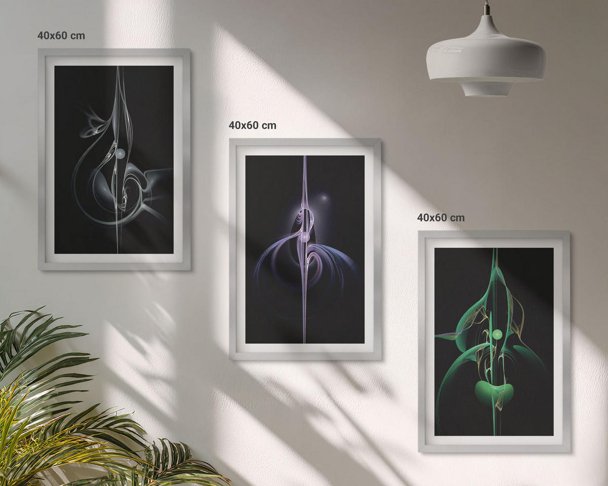 BILDER SET 3er Set - 40x60 cm Silberner Rahmen - Abstrakte schwarze Farbmuster - Silberfarben, Kunststoff (40/60cm) - TULUP