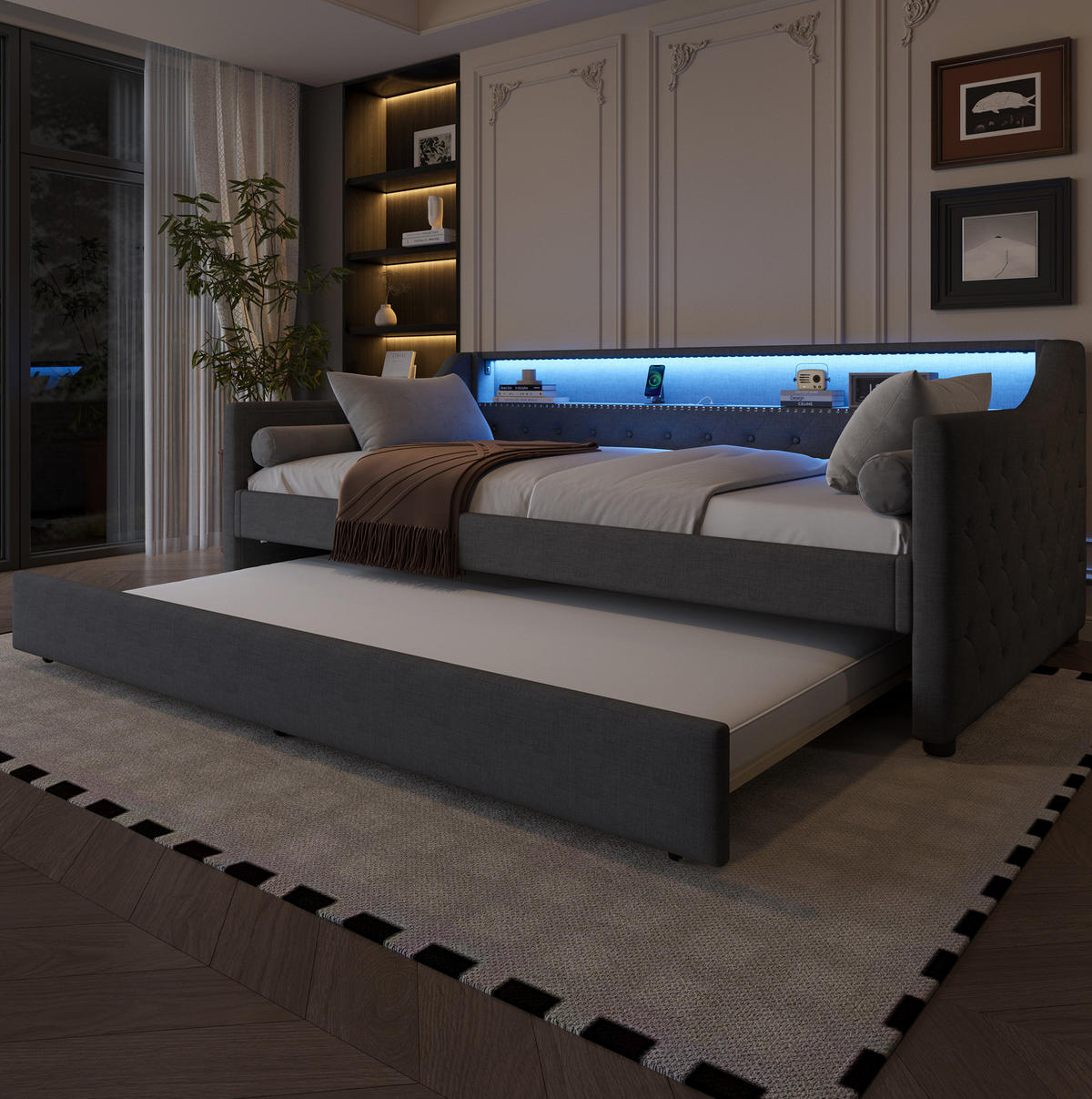 TAGESBETT 90/200 cm mit Ausziehbett, LED-Beleuchtung, USB-Anschluss und Lattenrost, Leinenbezug, Grau - Grau, Textil (90/200cm) - Redom