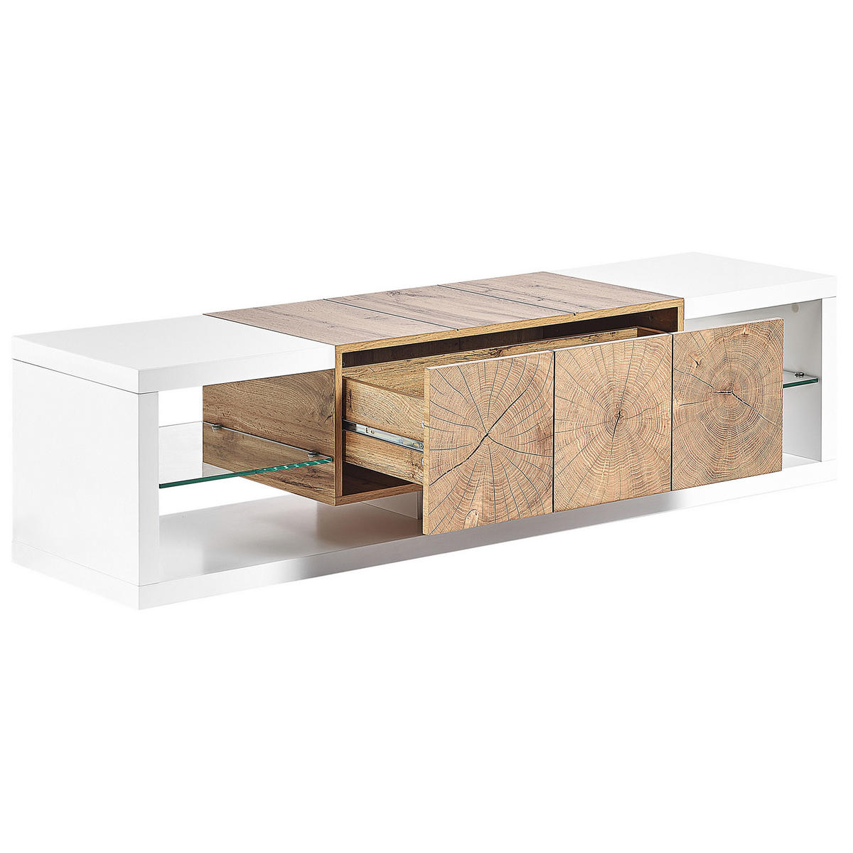 TV OMARICA bela, svetlo rjava FULERTON 42/160/40 cm - bela, leseni material (160/40/42cm) - Beliani