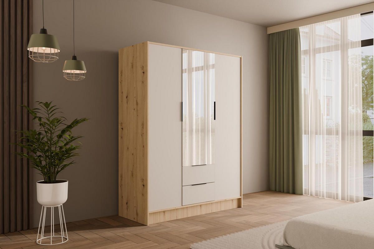 KLEIDERSCHRANK mit Spiegel und Flügeltüren KOLIN 150x200cm Artisan/Weiß - Eiche Artisan/Weiß, Holzwerkstoff (150/200/51cm) - ALTDECOR