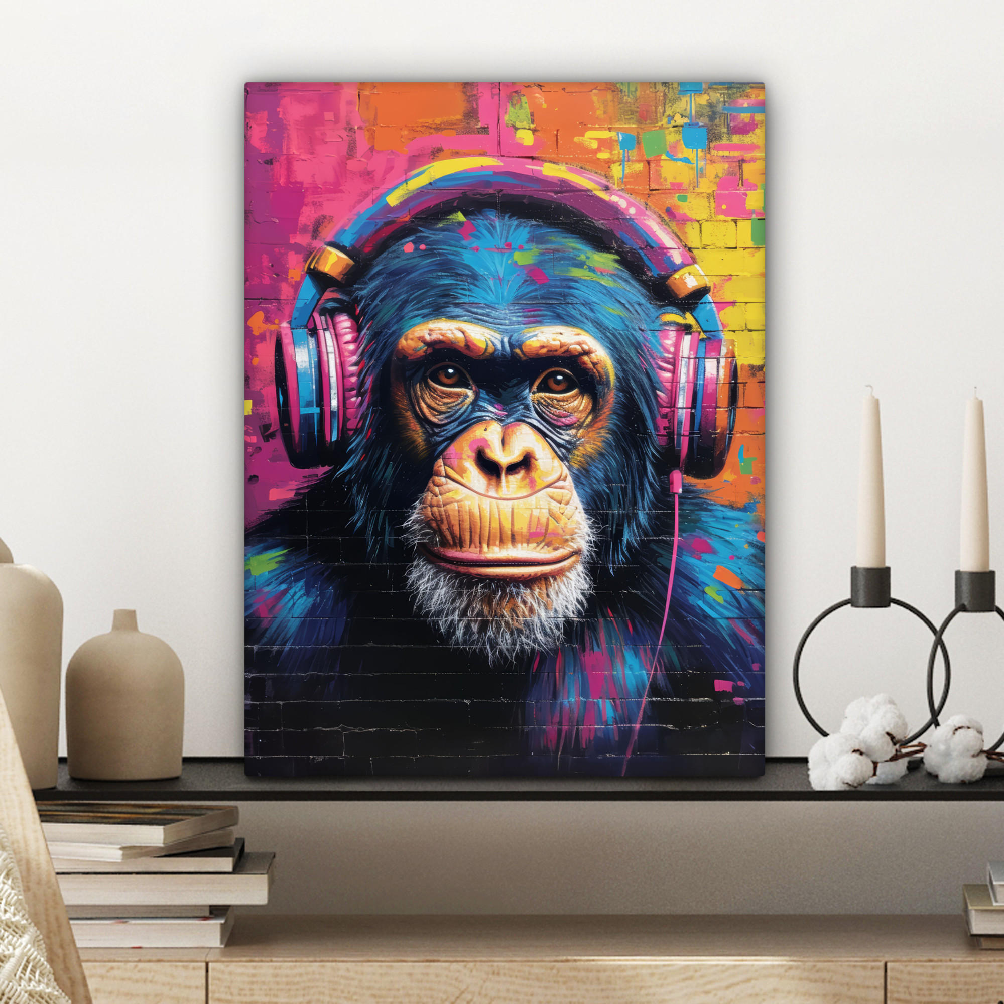 LEINWANDBILD Graffiti - Schimpanse - Straßenkunst - Kopfhörer - Affe 30x40 cm - Blau, Textil (30/40cm) - MuchoWow