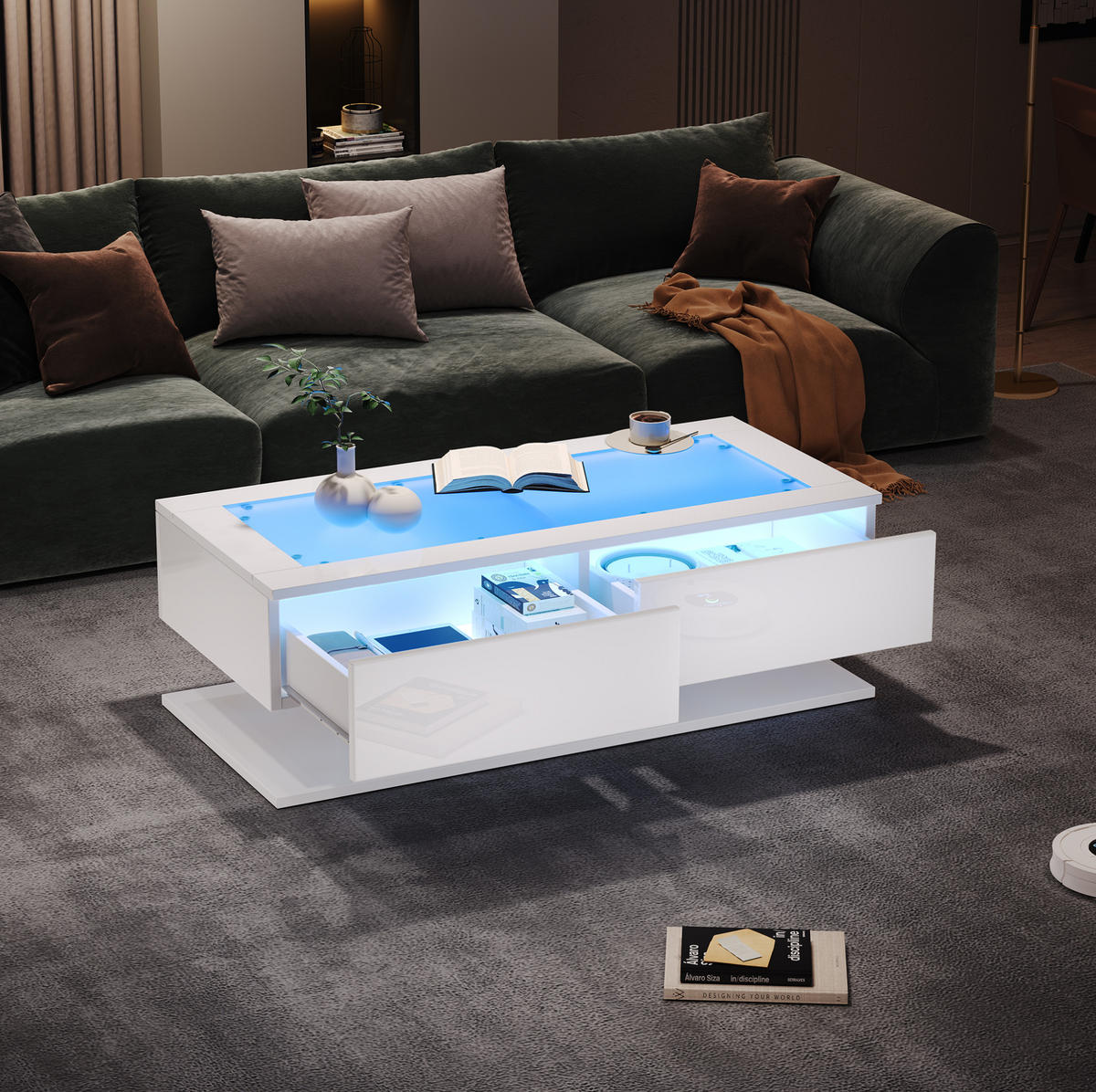COUCHTISCH 100/50/35 cm Weiß aus Spanplatte und Glas mit LED-Licht und 2 Schubladen - Weiß, Holzwerkstoff (100/50/35cm) - OKMYHOME