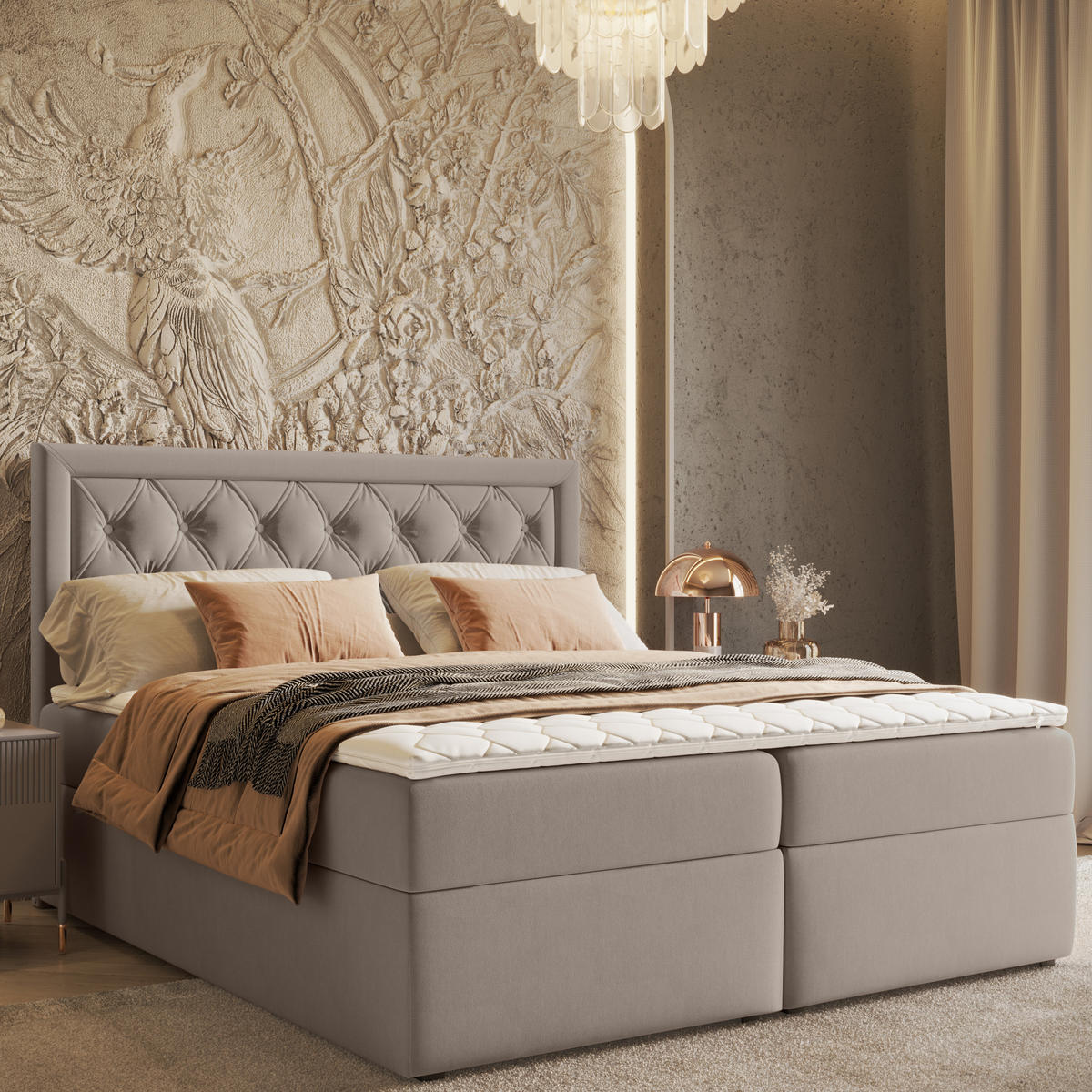 BOXBETT Maestro Taupe 200/200 cm mit Bonellmatratze und Topper - Taupe/Schwarz, Holz/Holzwerkstoff (200/200cm) - Maison de Reve