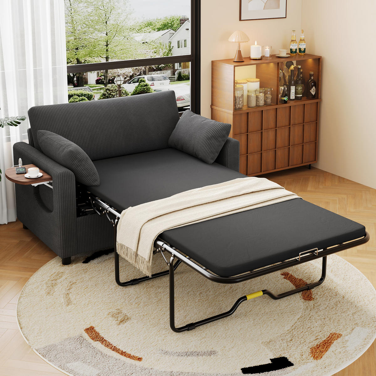 SCHLAFSOFA 2-Sitzer ausziehbar mit USB und Seitentisch, Grau - Grau, Textil (134/84/82cm)