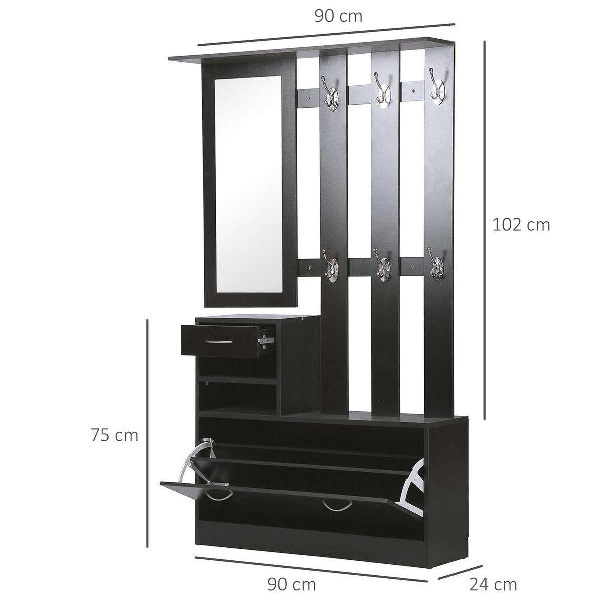 GARDEROBE DE-16743 3-in-1 mit Spiegel & Schuhbank Schwarz - Schwarz, Holzwerkstoff (10/91/90cm) - ComfortXL