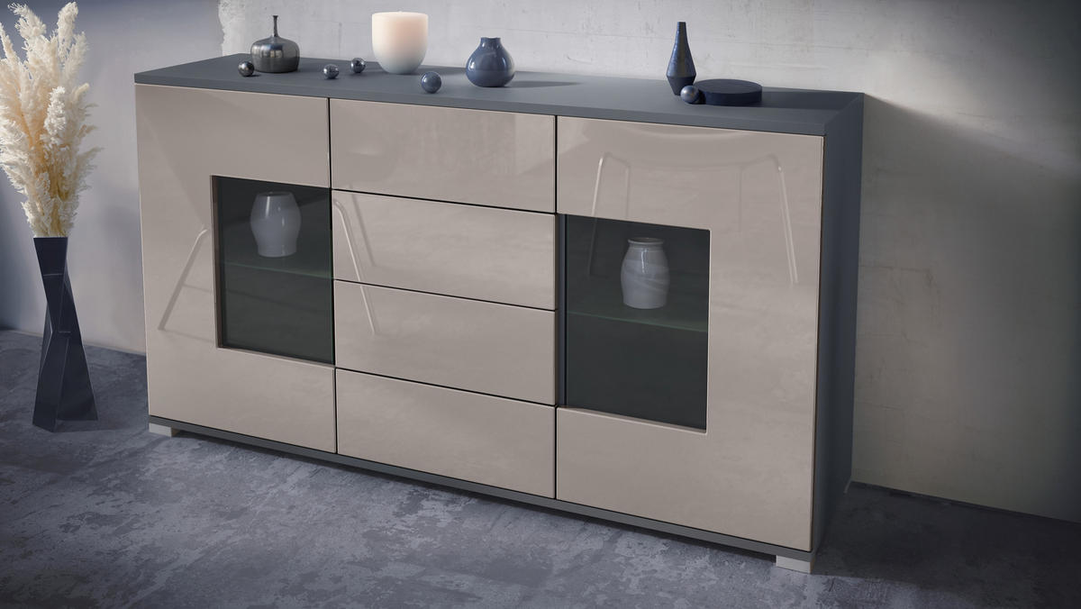 SIDEBOARD Grömitz Sandgrau Hochglanz - Sandfarben, Holzwerkstoff (138.5/75.5/35cm) - Vladon