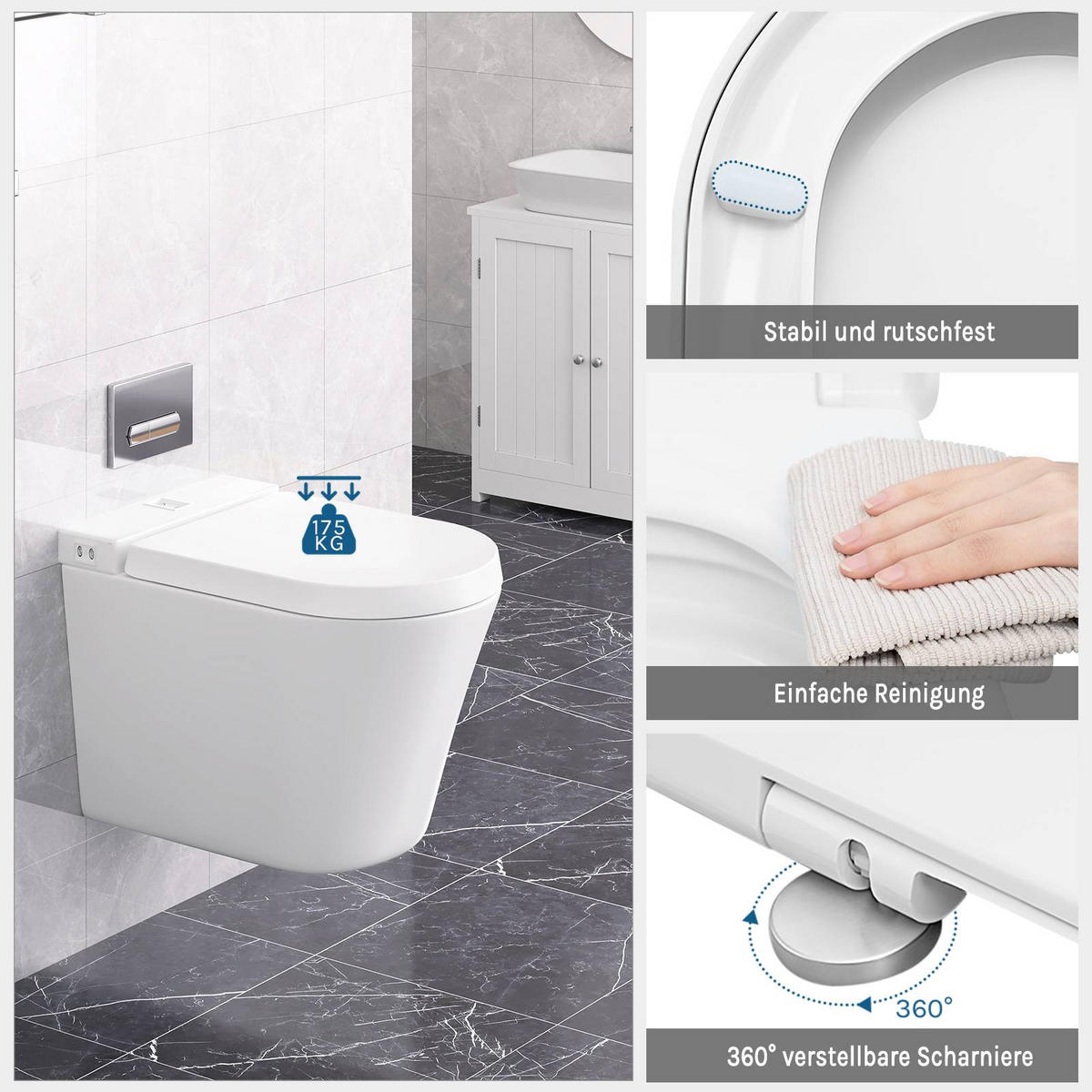 WC SITZ, Fast Fix/Schnellbefestigung, Antibakteriell D-Form - Weiß, Kunststoff (36/4/47cm) - Woltu