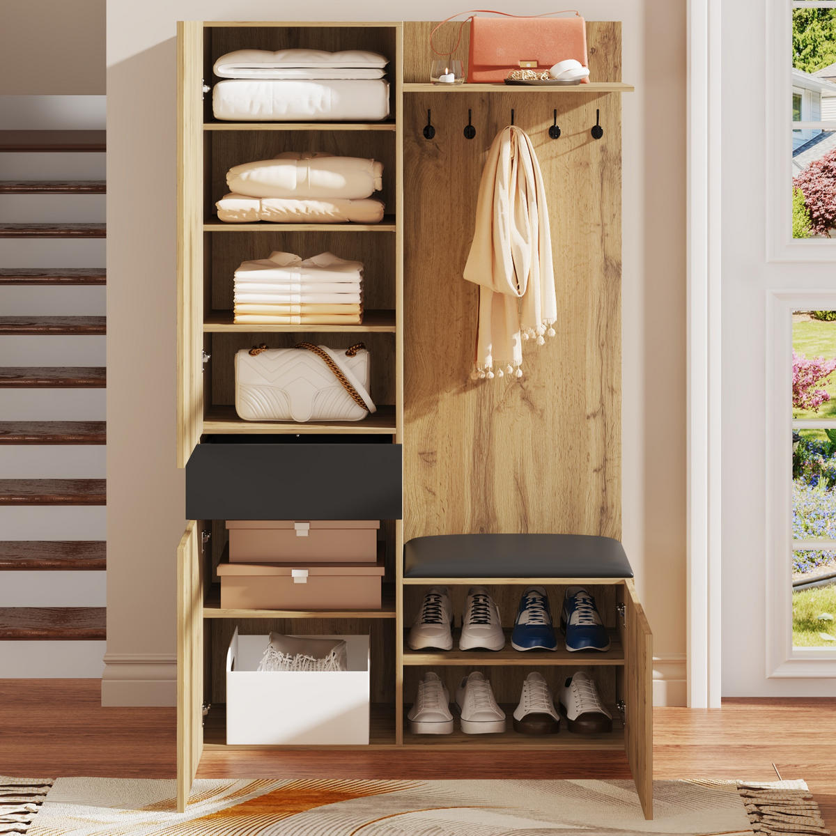 GARDEROBE mit Spiegel und Aufbewahrung 2 Türen und 3 Ablageflächen - Eichefarben, Holzwerkstoff/Metall (98/191/38cm) - Urban Meuble