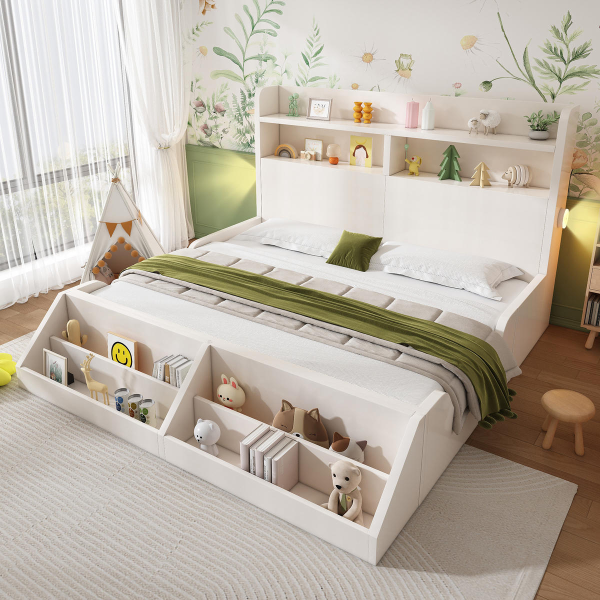 JUGENDBETT 140/200 cm in Weiß mit Regal und LED - Weiß, Holz/Holzwerkstoff (140/200cm) - WISHDOR