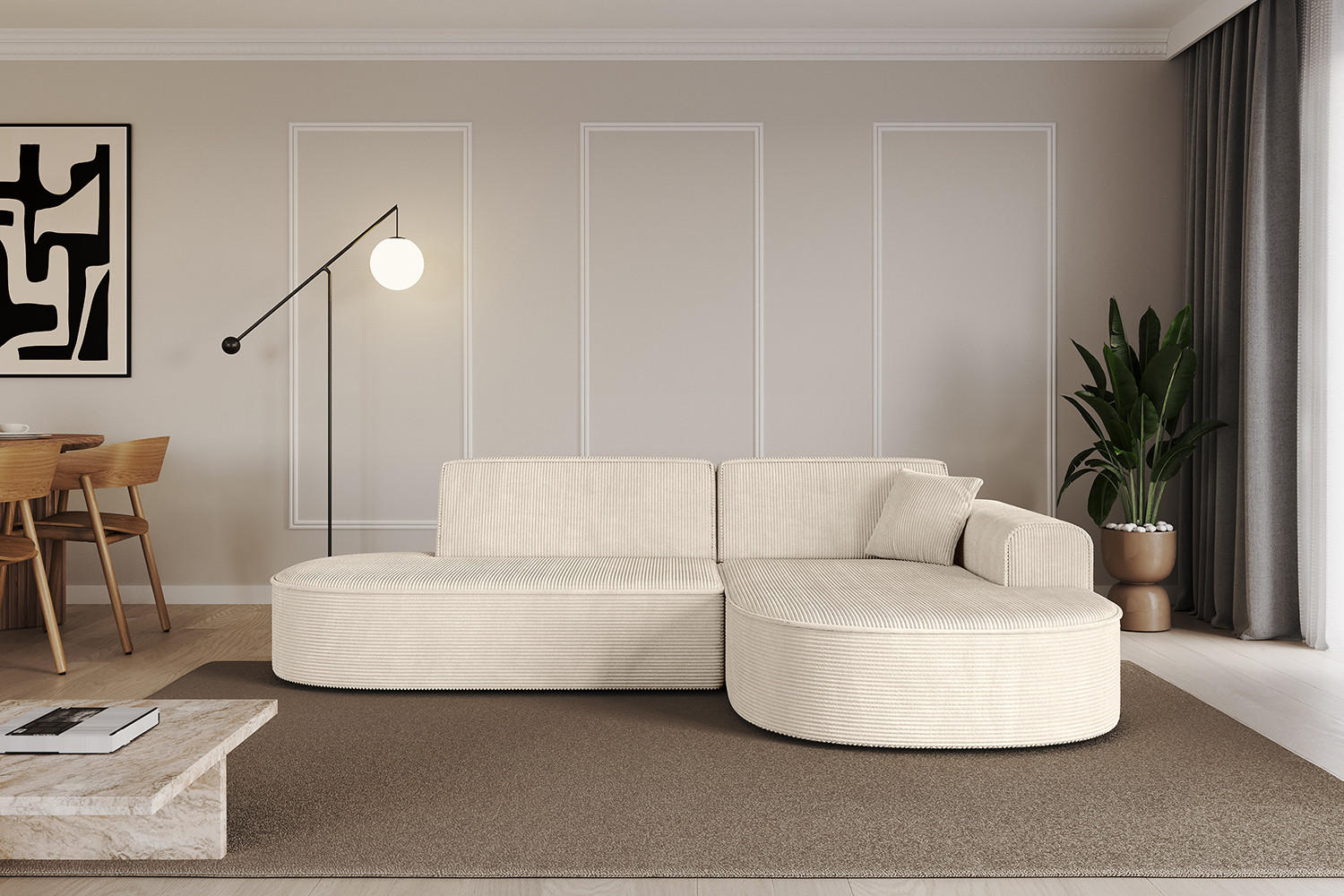 ECKSOFA Ottomane Rechts MARI-L1 - 232x163x73,5 cm Beige Cord - Beige/Schwarz, Holzwerkstoff/Kunststoff (234/163cm) - ALTDECOR