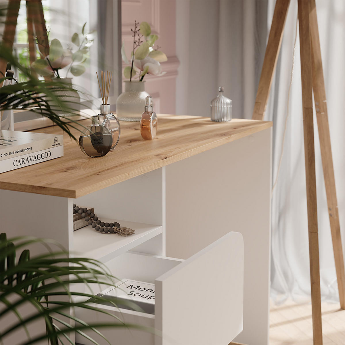 SCHMINKTISCH Karen Weiß/Artisan 110 cm mit LED-Spiegel - Weiß/Eiche Artisan, Holzwerkstoff (110/75/55cm) - Vicco