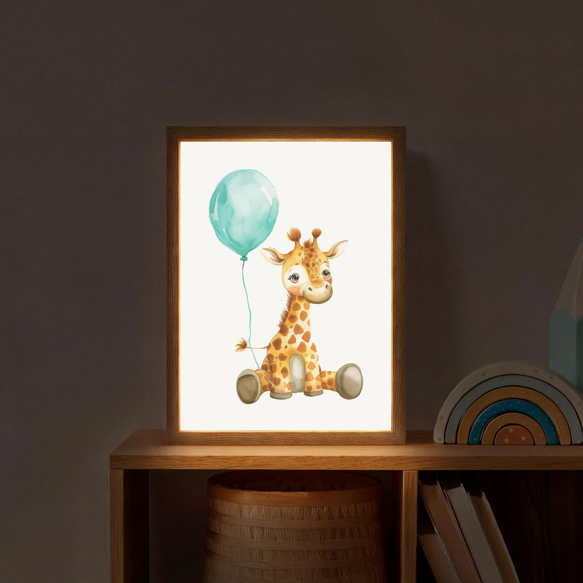 NACHTTISCHLAMPE MIT AKKU Giraffe - Baby - Tiere - Blauer Ballon 30x40 cm - Weiß, Holzwerkstoff (8/30/40cm) - OnlyWow