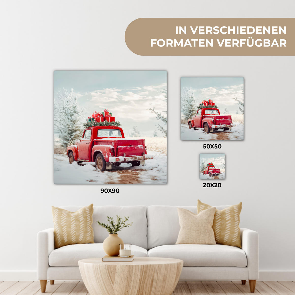 LEINWANDBILD Auto - Rot - Geschenke - Winter - Schnee - Weihnachten 50x50 cm - Rot, Textil (50/50cm) - MuchoWow