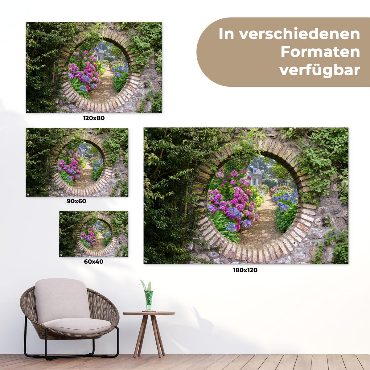 ZAHRADNÍ PLAKÁT Průhled - Květiny - Hortenzie - Léto 90x60 cm - šedohnědá, plast (90/60/0.2cm) - OnlyWow
