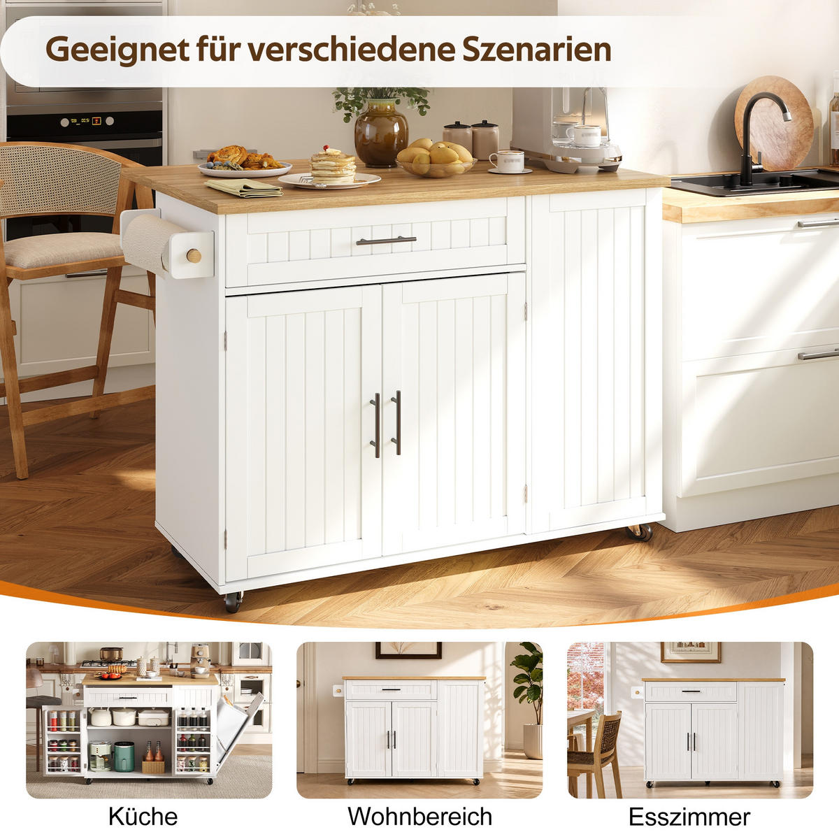 KÜCHENINSEL auf Rollen 130/45/93.3 cm Weiß mit klappbarer Arbeitsplatte, 1 Schublade und Mülleimerschrank - Weiß, Holz/Holzwerkstoff (70/93/130cm) - Oxeza