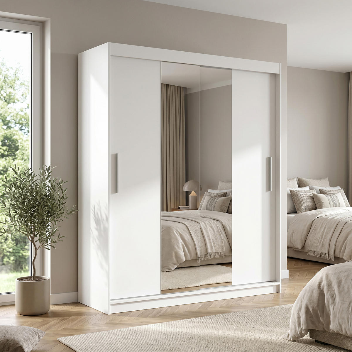 SCHWEBETÜRENSCHRANK VIVA 200/215,5/59cm 2-türig mit Spiegel Weiß - Weiß, Holzwerkstoff (200/215.5/59cm) - MASSENO