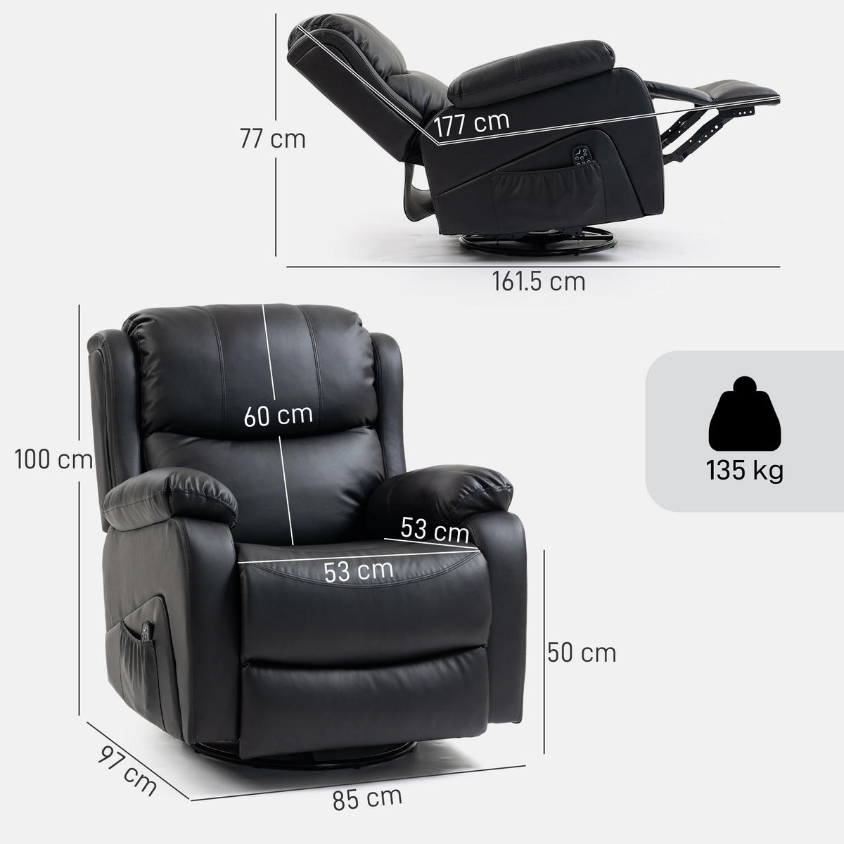 MASSAGESESSEL,8 Massagepunkte Heizung Fußstütze,schwarz - Schwarz, Leder (85/100/97cm) - Vallsero